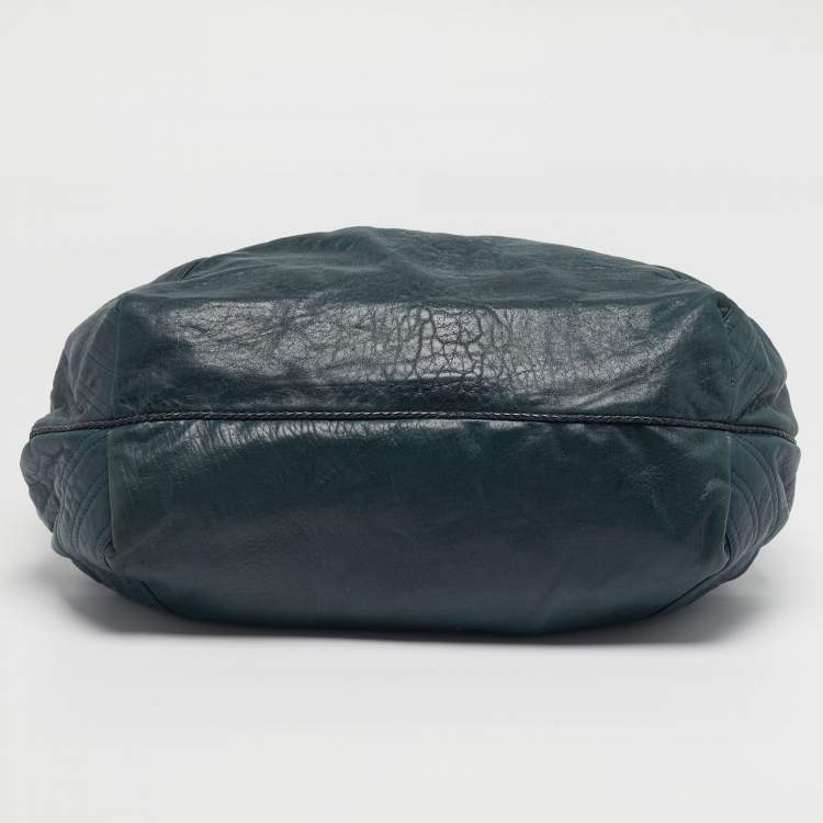 Pre Owned Fendi Spy Dark Green Pebbled Leather Hobo