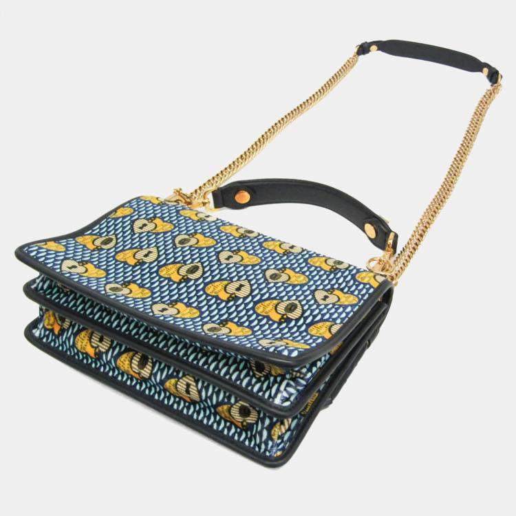 مملوكة مسبقًا Fendi KAN I Velvet Leather Shoulder Bag Light Blue Navy Yellow