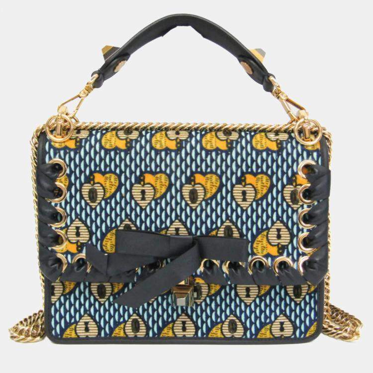 مملوكة مسبقًا Fendi KAN I Velvet Leather Shoulder Bag Light Blue Navy Yellow