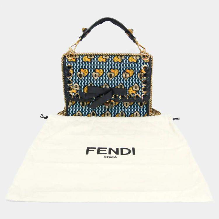 مملوكة مسبقًا Fendi KAN I Velvet Leather Shoulder Bag Light Blue Navy Yellow