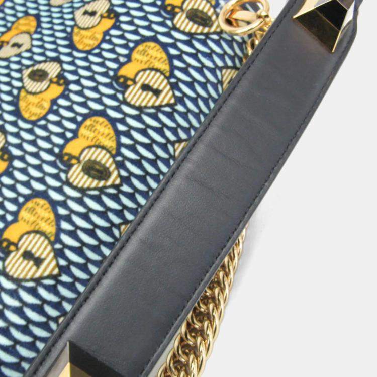 مملوكة مسبقًا Fendi KAN I Velvet Leather Shoulder Bag Light Blue Navy Yellow
