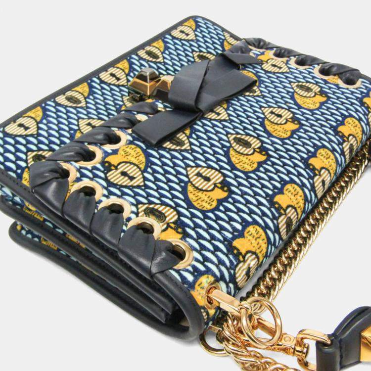 مملوكة مسبقًا Fendi KAN I Velvet Leather Shoulder Bag Light Blue Navy Yellow