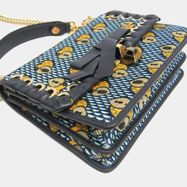 مملوكة مسبقًا Fendi KAN I Velvet Leather Shoulder Bag Light Blue Navy Yellow