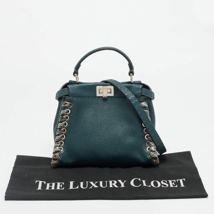 Pre Owned Fendi Whipstitch Peekaboo Small Dark Green Leather and Snakeskin Top Handle Bag
