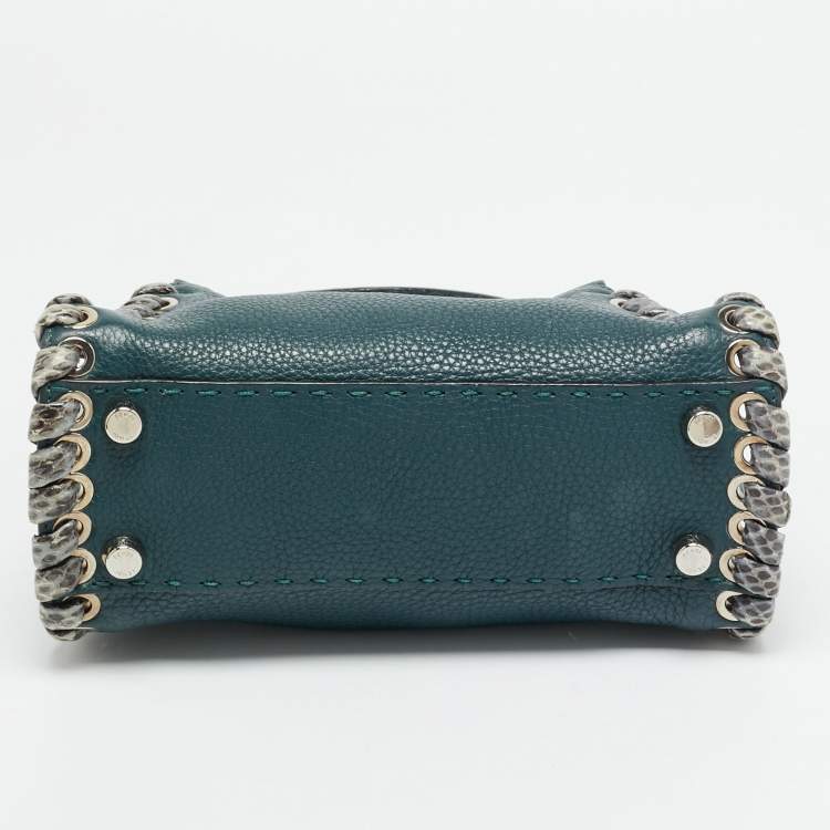 Pre Owned Fendi Whipstitch Peekaboo Small Dark Green Leather and Snakeskin Top Handle Bag