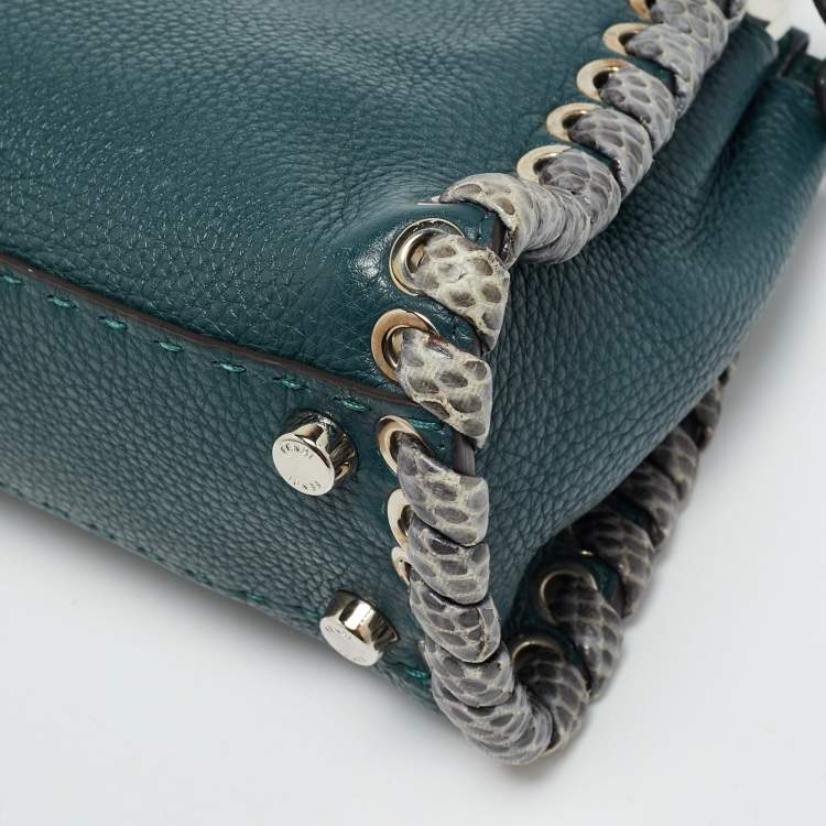 Pre Owned Fendi Whipstitch Peekaboo Small Dark Green Leather and Snakeskin Top Handle Bag