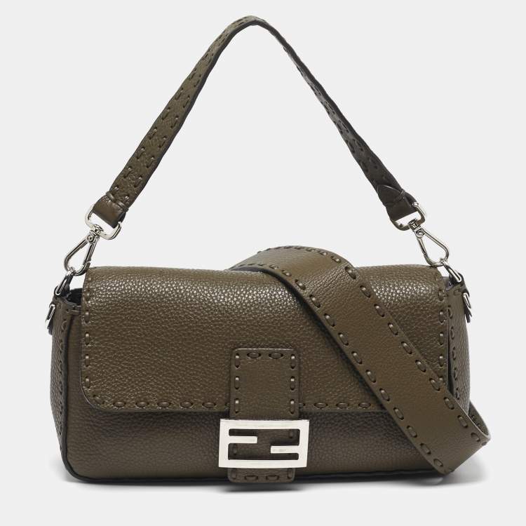 Pre Owned Fendi Baguette Selleria Olive Brown Leather Shoulder Bag