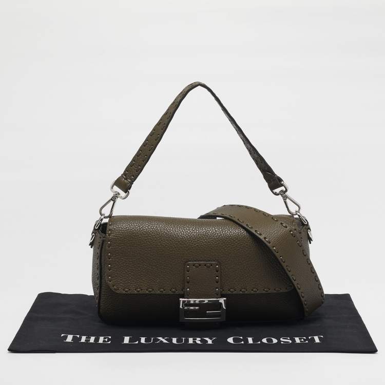 Pre Owned Fendi Baguette Selleria Olive Brown Leather Shoulder Bag