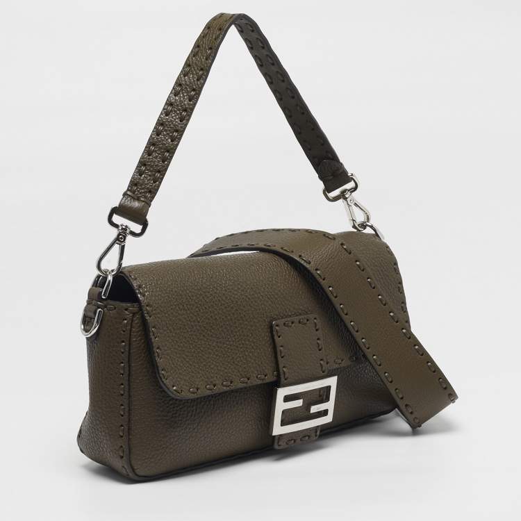 Pre Owned Fendi Baguette Selleria Olive Brown Leather Shoulder Bag
