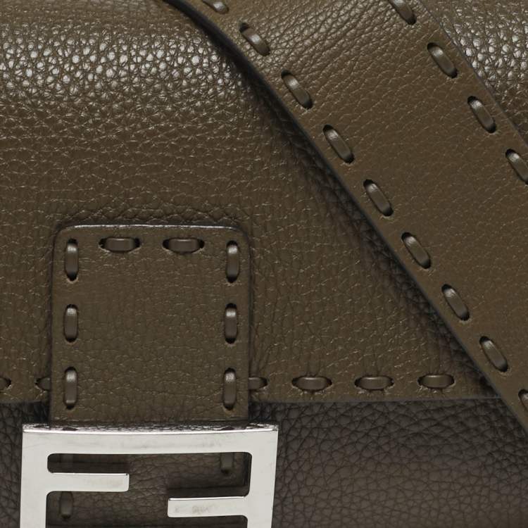 Pre Owned Fendi Baguette Selleria Olive Brown Leather Shoulder Bag