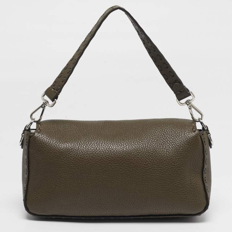 Pre Owned Fendi Baguette Selleria Olive Brown Leather Shoulder Bag