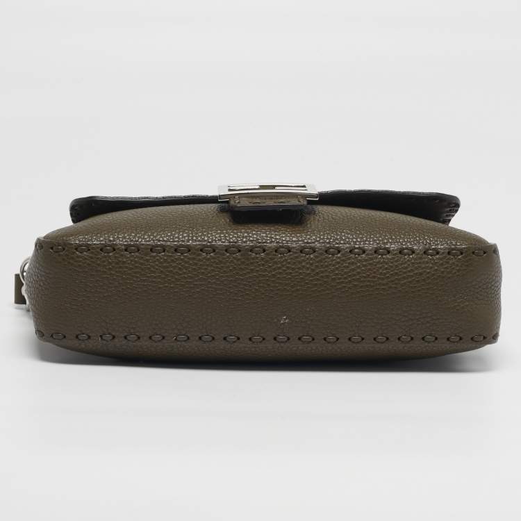 Pre Owned Fendi Baguette Selleria Olive Brown Leather Shoulder Bag