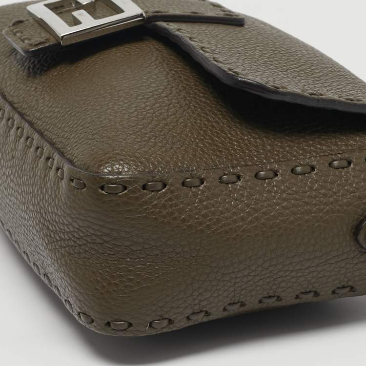 Pre Owned Fendi Baguette Selleria Olive Brown Leather Shoulder Bag