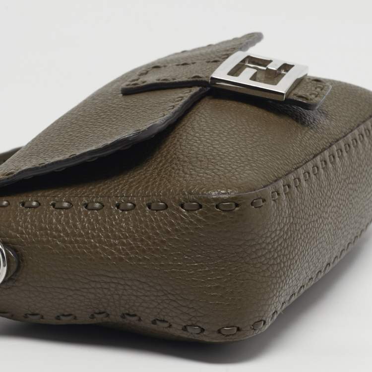 Pre Owned Fendi Baguette Selleria Olive Brown Leather Shoulder Bag