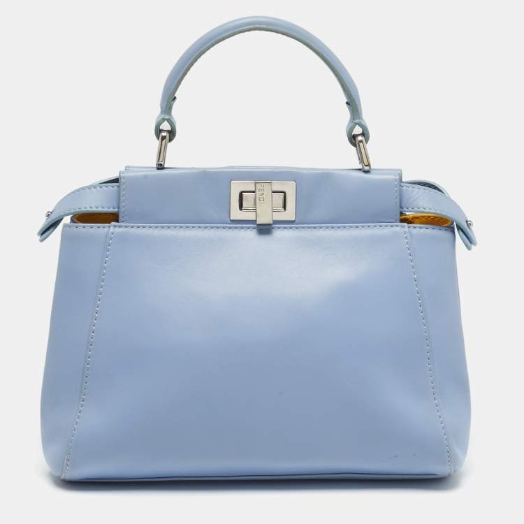 Pre Owned Fendi Peekaboo Mini Sky Blue Leather Top Handle Bag