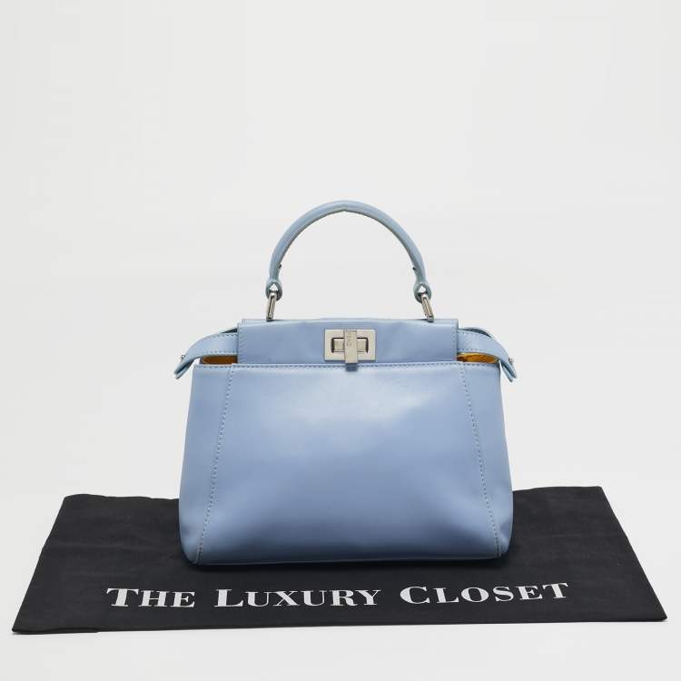 Pre Owned Fendi Peekaboo Mini Sky Blue Leather Top Handle Bag