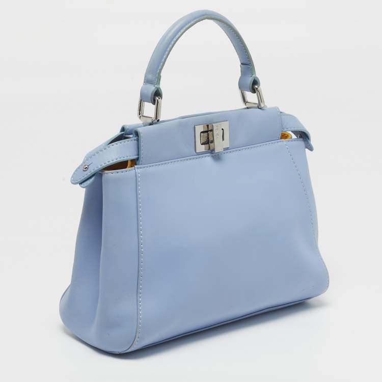 Pre Owned Fendi Peekaboo Mini Sky Blue Leather Top Handle Bag