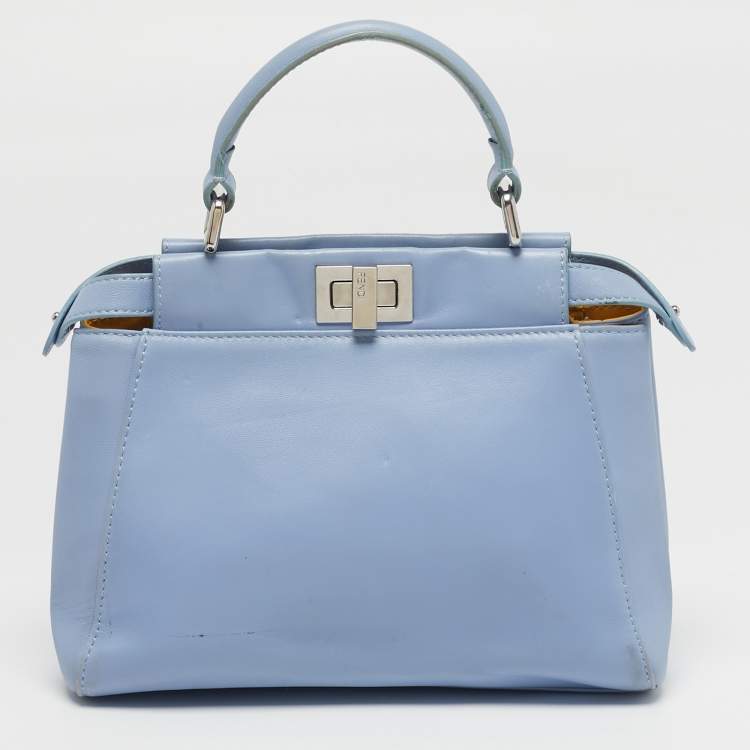 Pre Owned Fendi Peekaboo Mini Sky Blue Leather Top Handle Bag