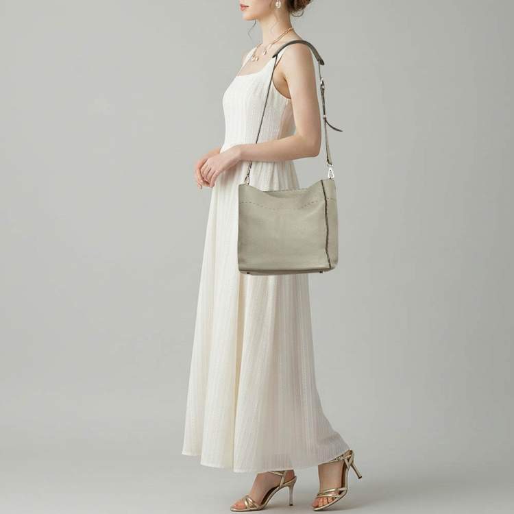 Pre Owned Fendi Anna Grey Selleria Leather Bucket Bag