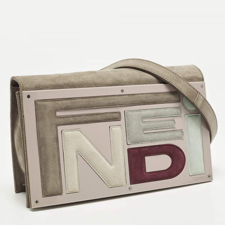 Pre Owned Fendi Logo Beige/Light Pink Plexiglass and Suede Clutch Bag