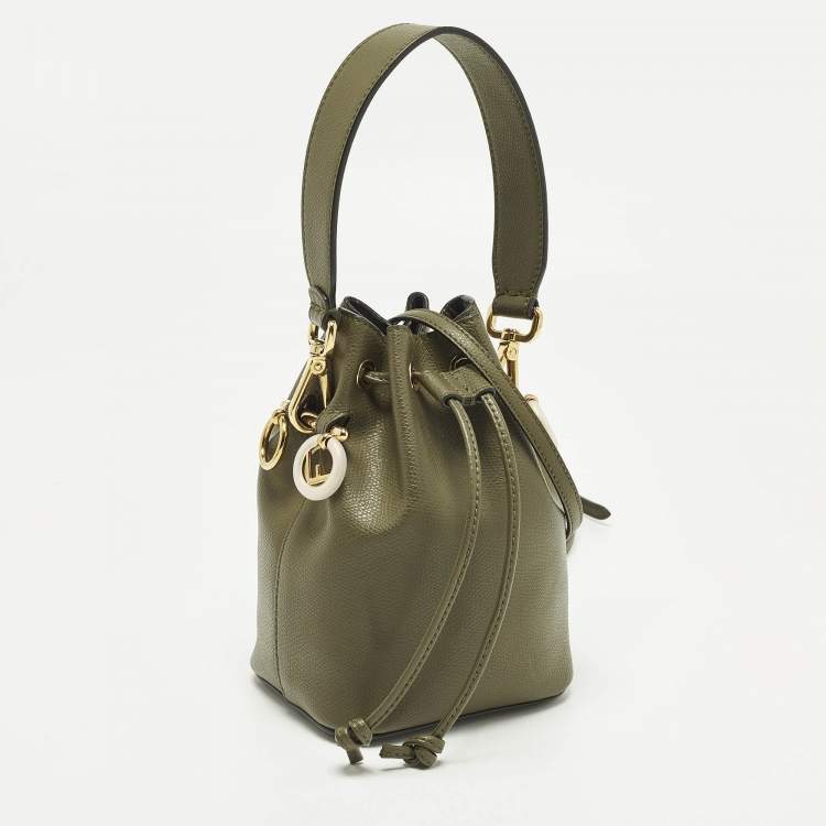 Pre Owned Fendi Mon Tresor Mini Olive Green Leather Bucket Bag
