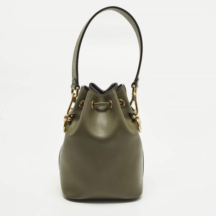 Pre Owned Fendi Mon Tresor Mini Olive Green Leather Bucket Bag