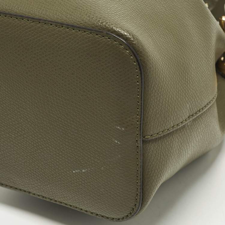 Pre Owned Fendi Mon Tresor Mini Olive Green Leather Bucket Bag
