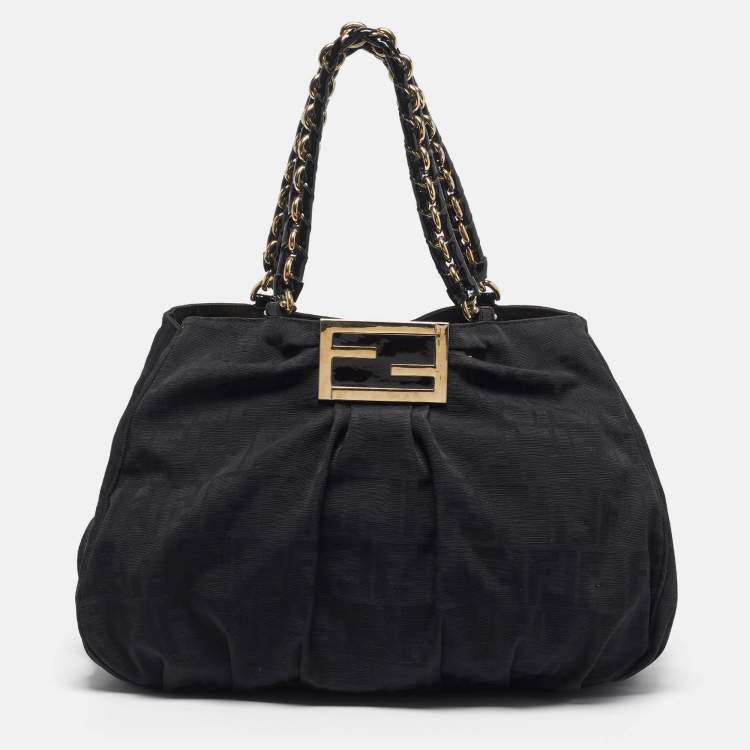 Pre Owned Fendi Mia Large Black Zucca Fabric and Leather Patent Leather Shoulder Bag