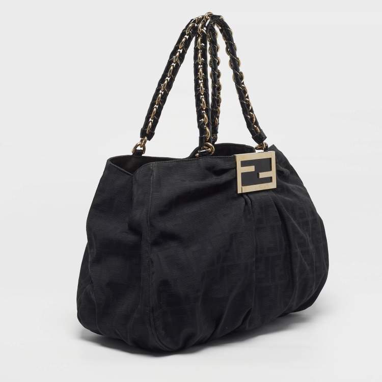 Pre Owned Fendi Mia Large Black Zucca Fabric and Leather Patent Leather Shoulder Bag