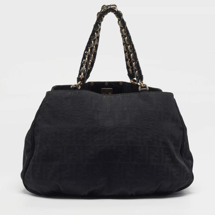 Pre Owned Fendi Mia Large Black Zucca Fabric and Leather Patent Leather Shoulder Bag