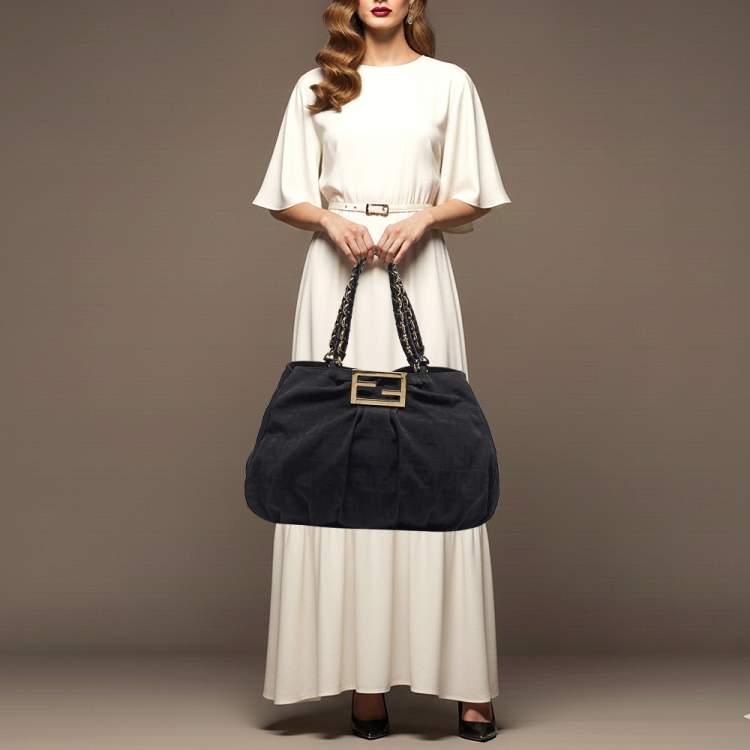 Pre Owned Fendi Mia Large Black Zucca Fabric and Leather Patent Leather Shoulder Bag