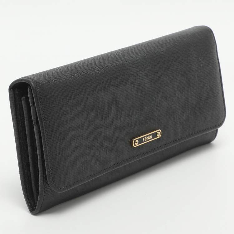 Pre Owned Fendi Black Leather Flap Continental Wallet