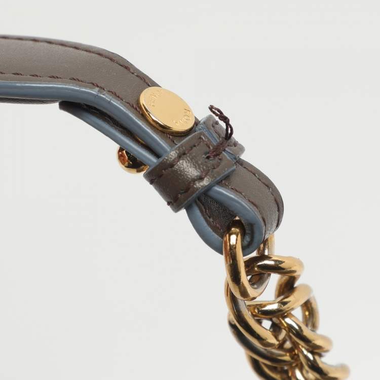 Pre Owned Fendi Scalloped Kan I Medium Dark Beige Leather Shoulder Bag