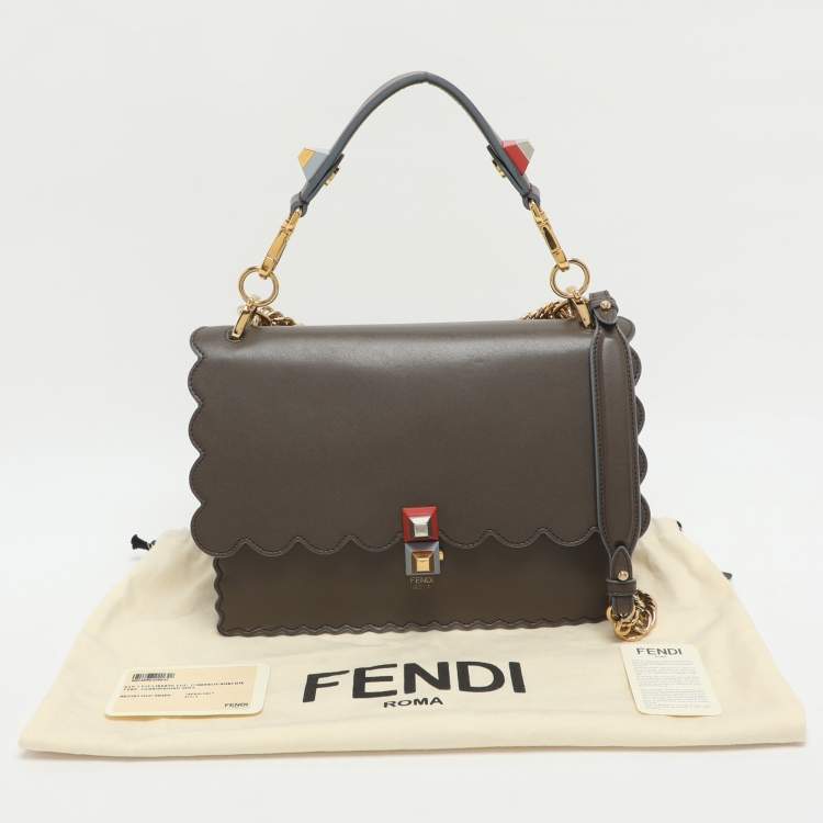 Pre Owned Fendi Scalloped Kan I Medium Dark Beige Leather Shoulder Bag