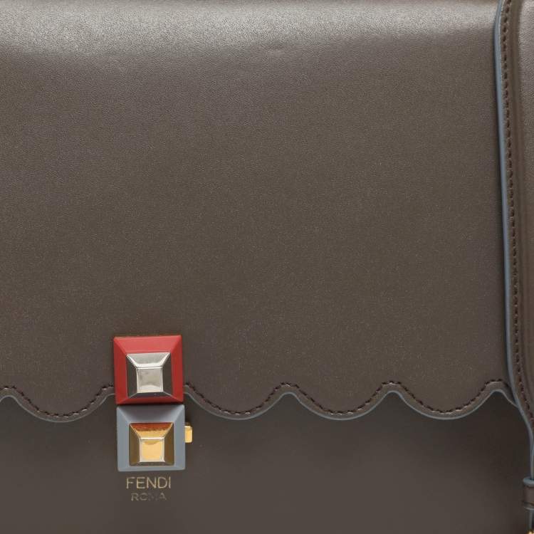 Pre Owned Fendi Scalloped Kan I Medium Dark Beige Leather Shoulder Bag