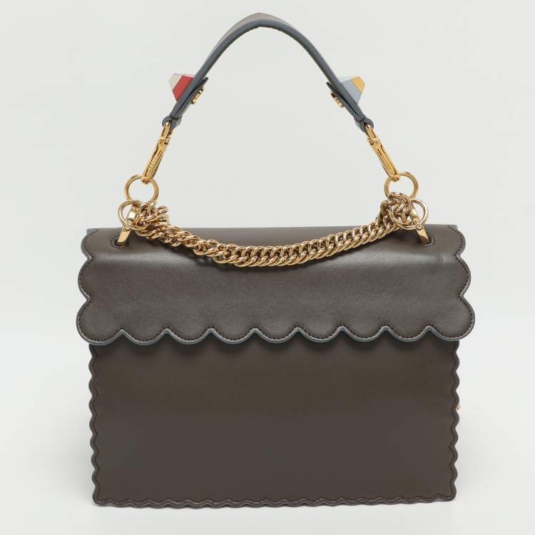 Pre Owned Fendi Scalloped Kan I Medium Dark Beige Leather Shoulder Bag
