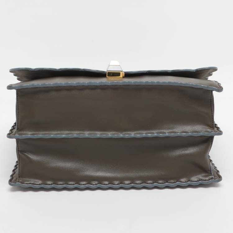 Pre Owned Fendi Scalloped Kan I Medium Dark Beige Leather Shoulder Bag