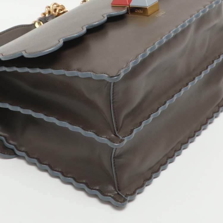 Pre Owned Fendi Scalloped Kan I Medium Dark Beige Leather Shoulder Bag