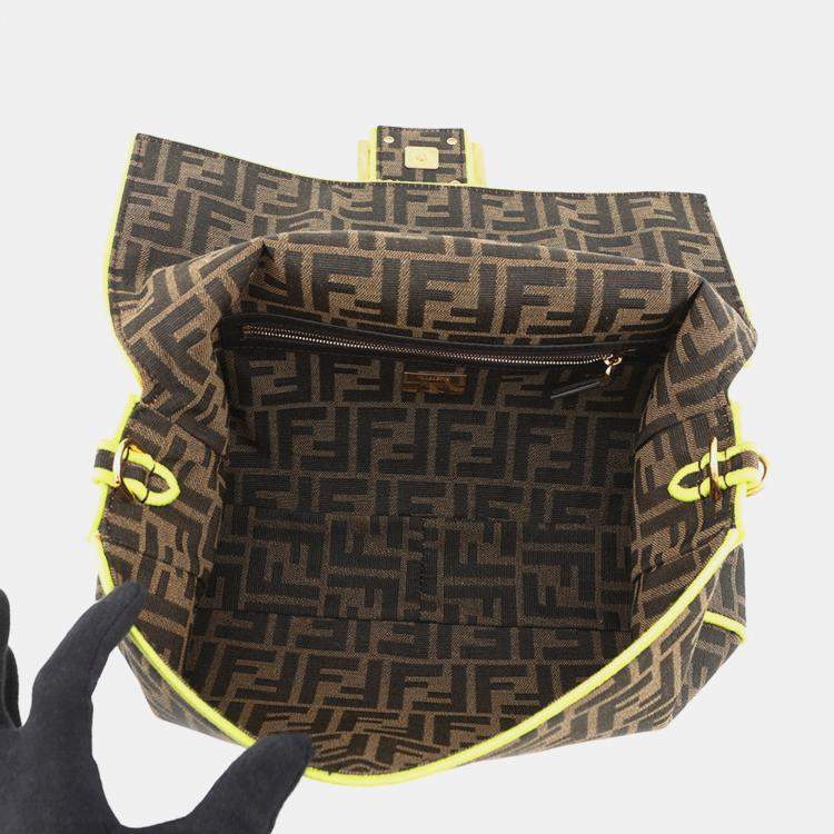 Pre Owned Fendi Zucca Mamma Bucket 2-Way Shoulder Bag Brown/Neon Yellow Canvas Size Large