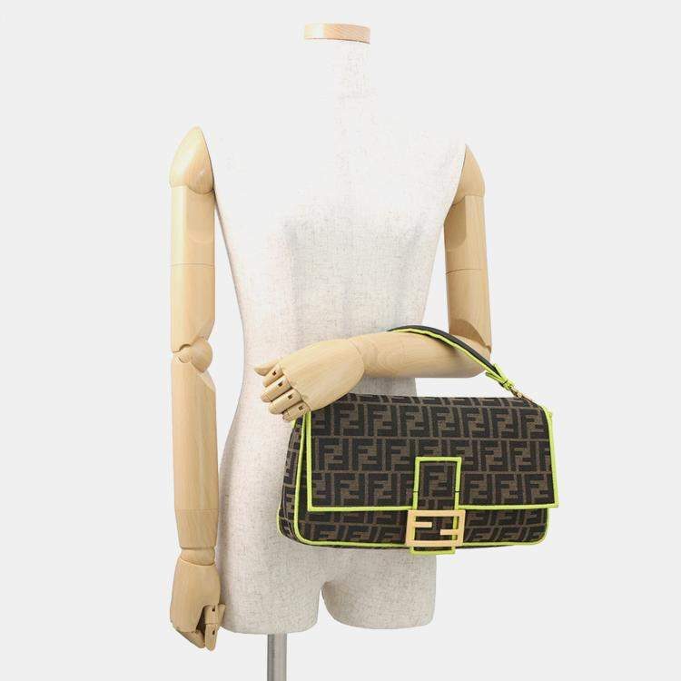Pre Owned Fendi Zucca Mamma Bucket 2-Way Shoulder Bag Brown/Neon Yellow Canvas Size Large
