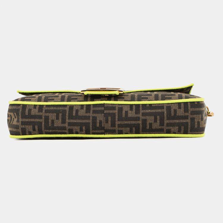 Pre Owned Fendi Zucca Mamma Bucket 2-Way Shoulder Bag Brown/Neon Yellow Canvas Size Large