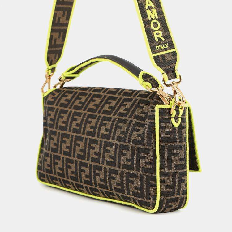Pre Owned Fendi Zucca Mamma Bucket 2-Way Shoulder Bag Brown/Neon Yellow Canvas Size Large