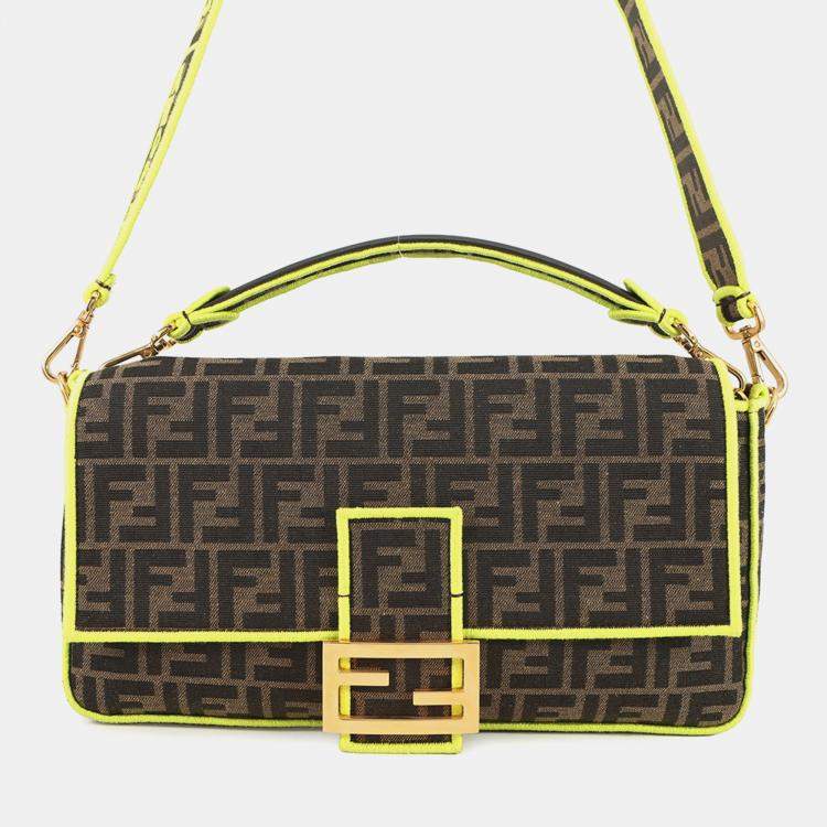 Pre Owned Fendi Zucca Mamma Bucket 2-Way Shoulder Bag Brown/Neon Yellow Canvas Size Large