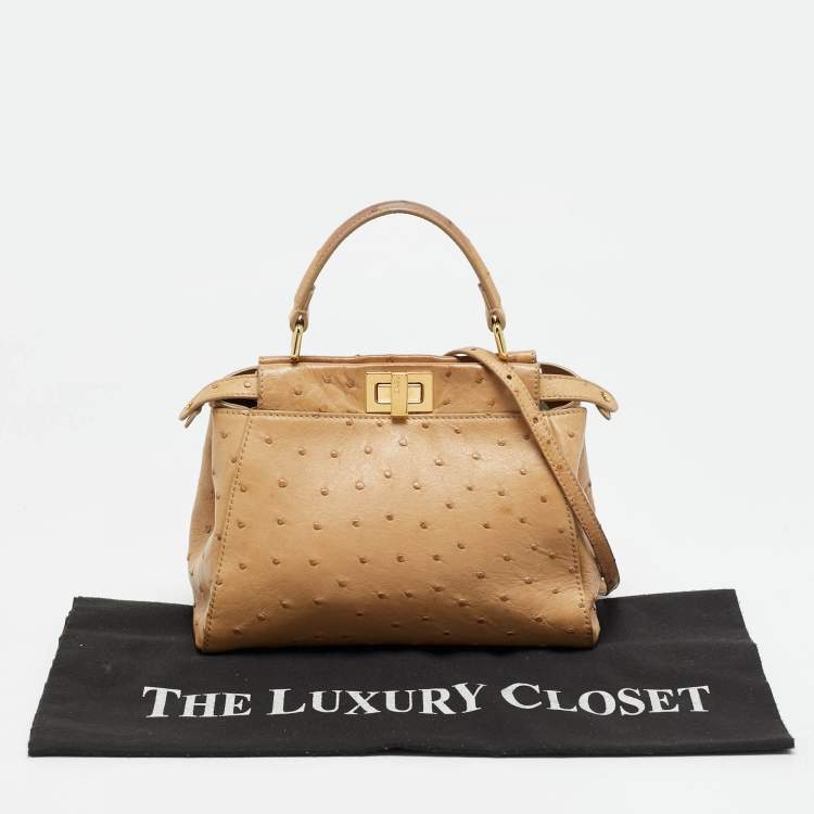 Pre Owned Fendi Peekaboo Mini Beige Ostrich Leather Top Handle Bag