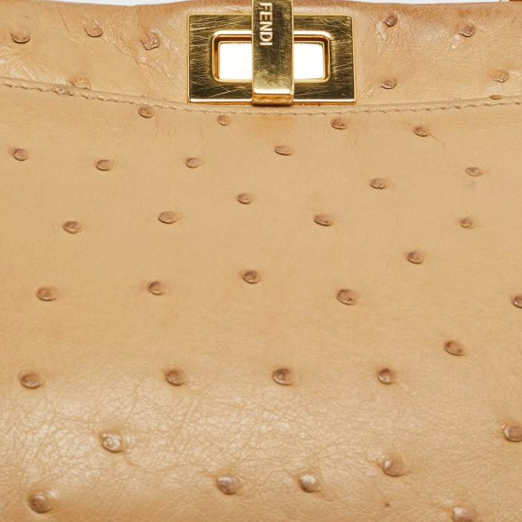 Pre Owned Fendi Peekaboo Mini Beige Ostrich Leather Top Handle Bag