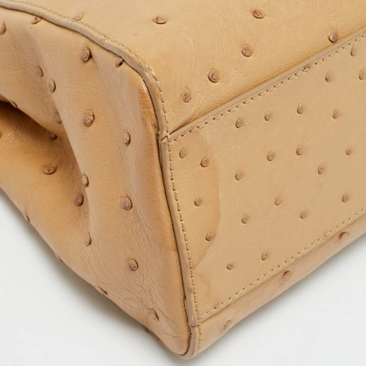 Pre Owned Fendi Peekaboo Mini Beige Ostrich Leather Top Handle Bag