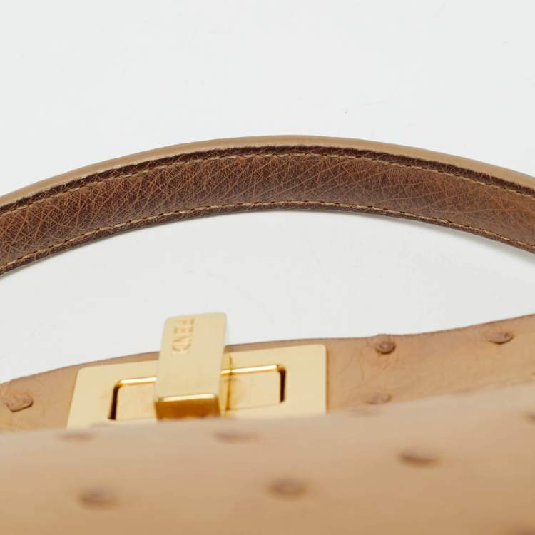 Pre Owned Fendi Peekaboo Mini Beige Ostrich Leather Top Handle Bag