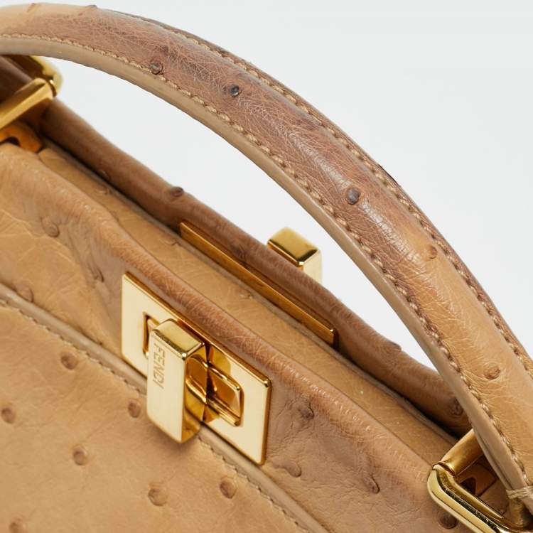 Pre Owned Fendi Peekaboo Mini Beige Ostrich Leather Top Handle Bag