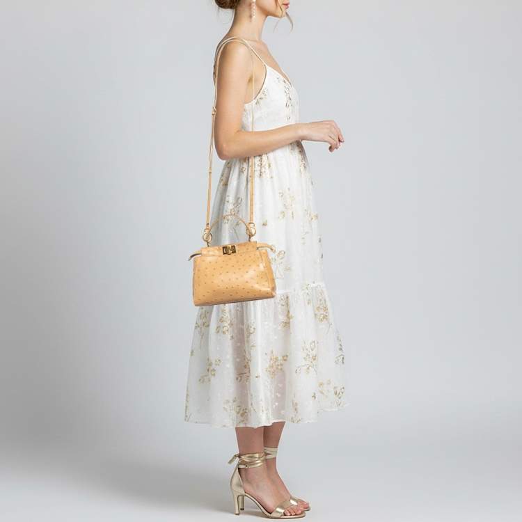 Pre Owned Fendi Peekaboo Mini Beige Ostrich Leather Top Handle Bag