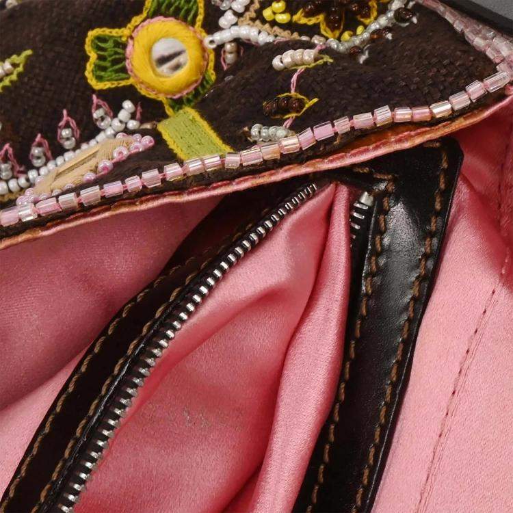 Pre Owned Fendi Brown Cotton Beaded Embroidered Baguette Handbag